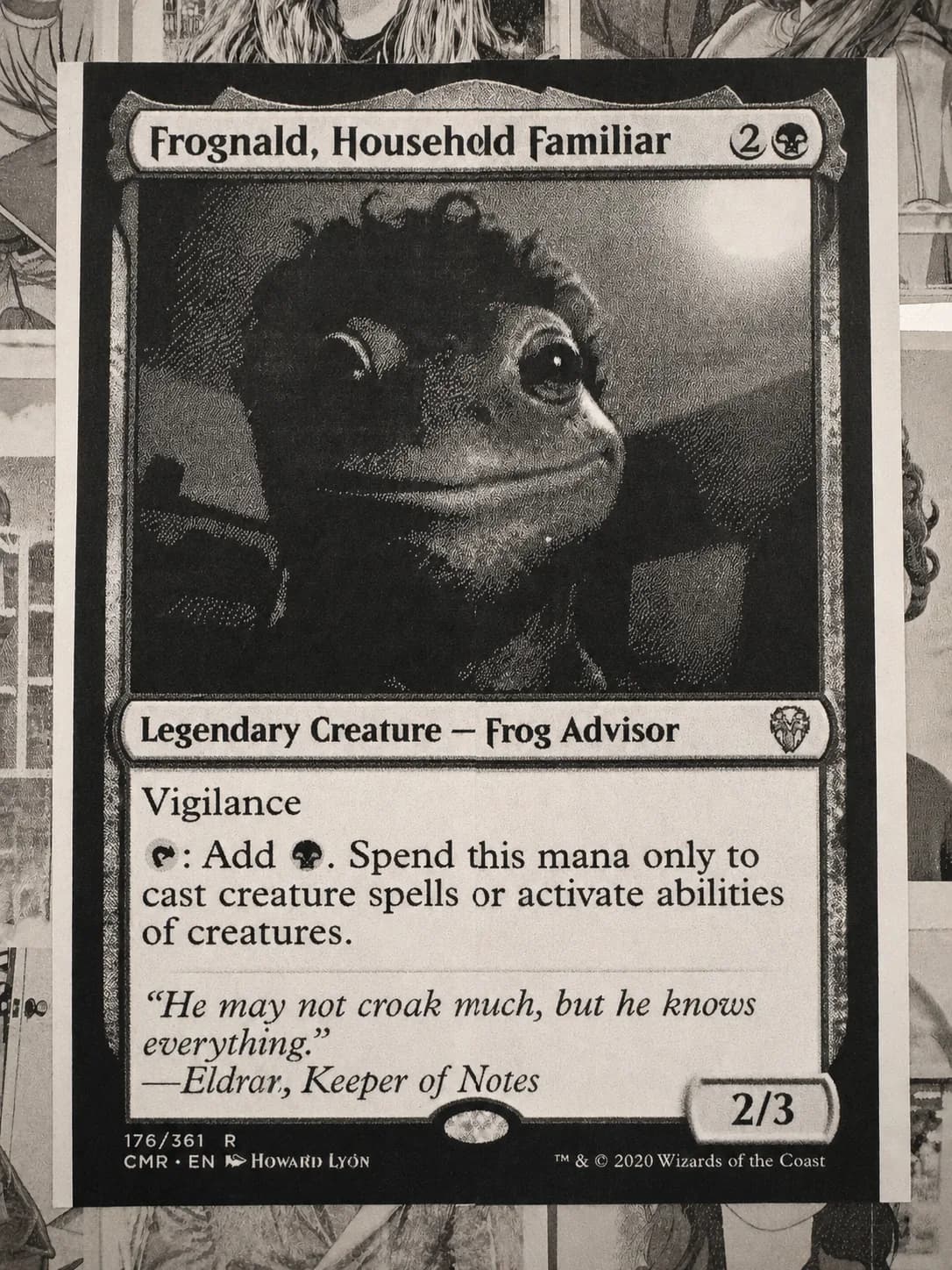 Printed black-and-white custom frog trading card