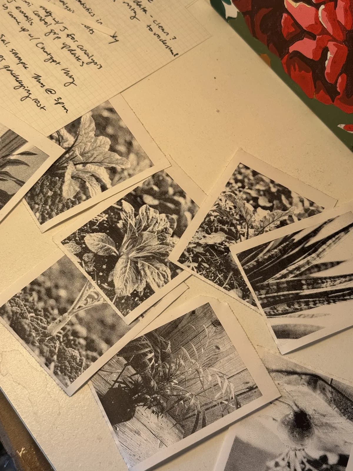 Collection of small botanical photo prints spread across a journal