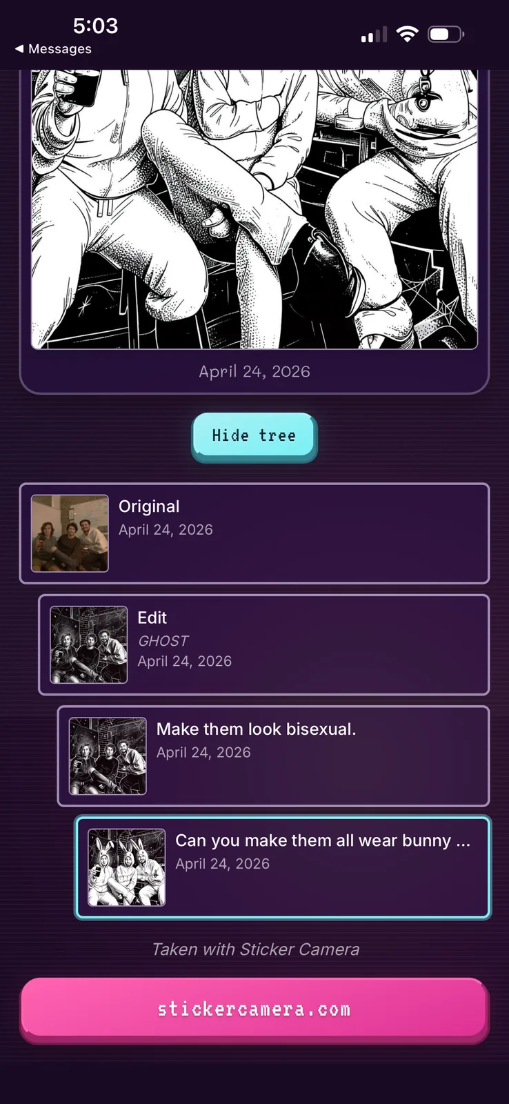 Phone page showing the edit history for the bunny group artwork
