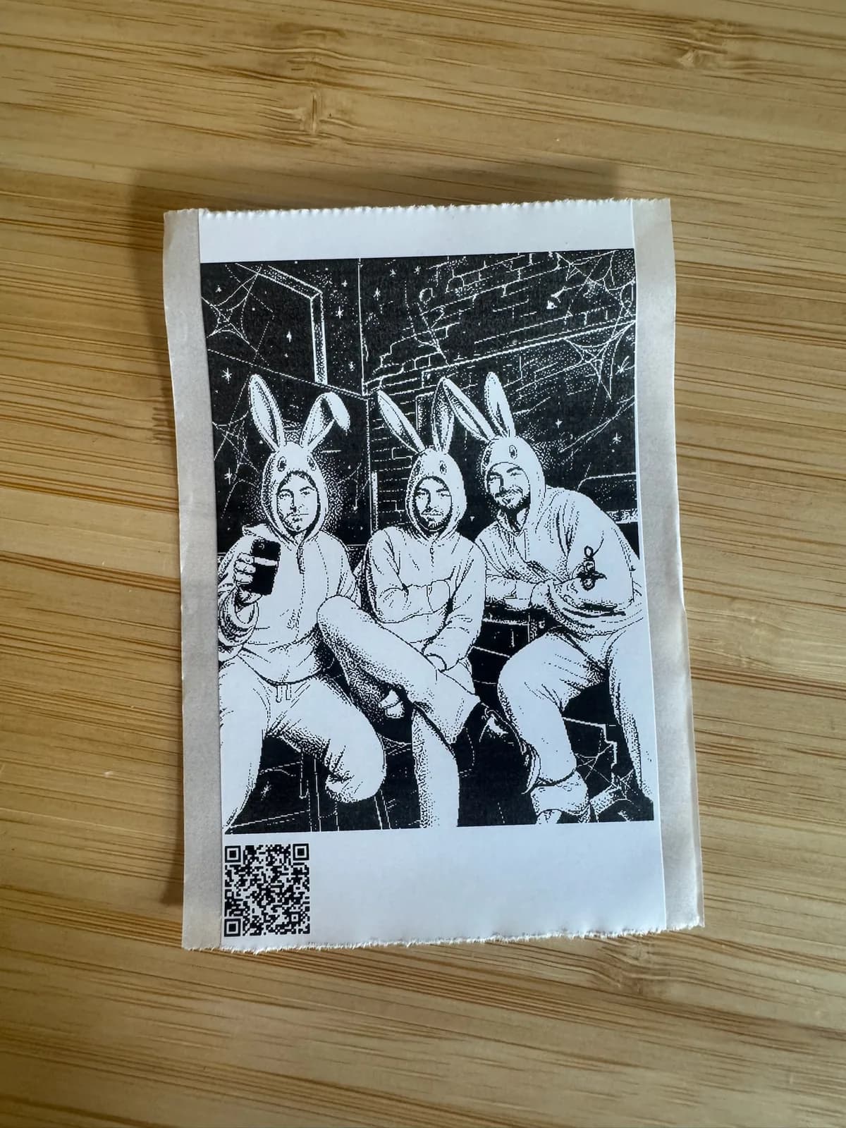 Printed bunny group sticker with a shareable QR code